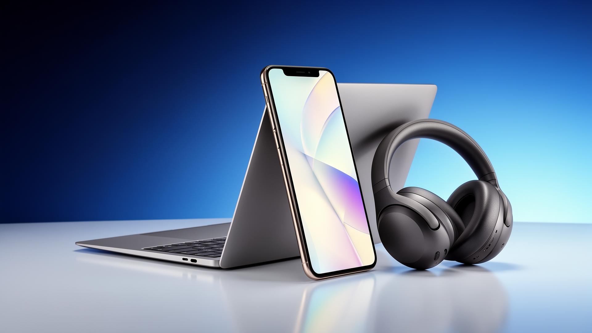 New phone, laptop, and headphones on a clean surface