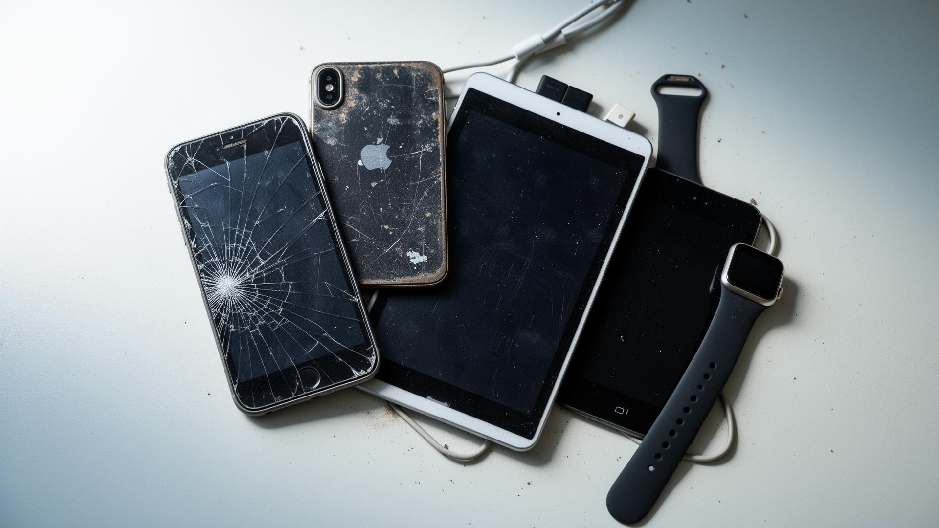Old phone, tablet, smartwatch, and laptop on a clean surface