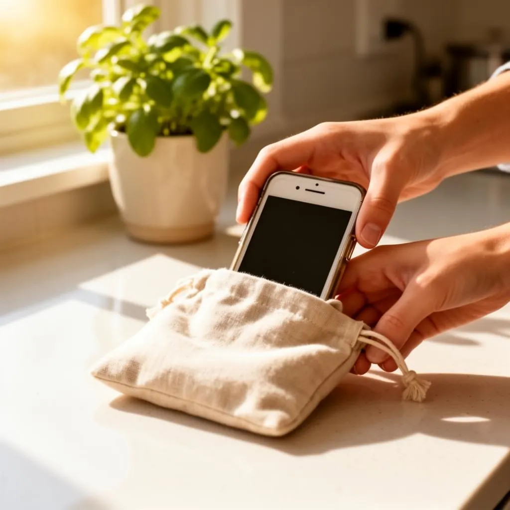 Hands placing a smartphone into a fabric pouch on a sunlit counter